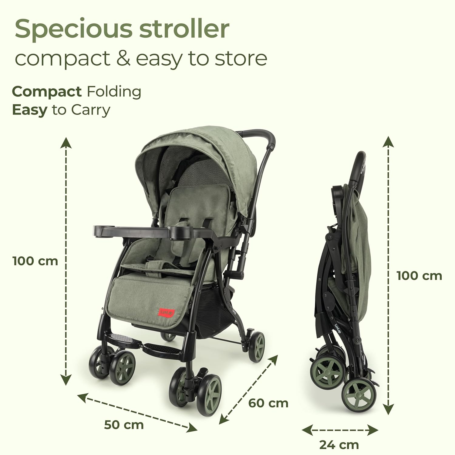 LuvLap Sunshine Plus Baby Stroller in black with a modern gold abstract pattern, shown unfolded with a child tray and canopy, and compactly folded for travel. Lightweight and portable pram for infants and toddlers on usmile.toys. www.usmil.toys